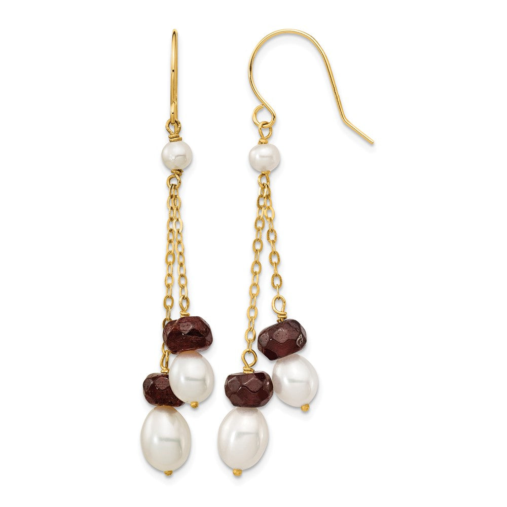 14k 6-7mm White Rice Freshwater Cultured Pearl and 4.0GA Garnet Double Chain Dangle Earrings