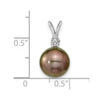 14k White Gold 9-10mm Black Round Tahitian Saltwater Cultured Pearl and .05 Carat Diamond Pendant