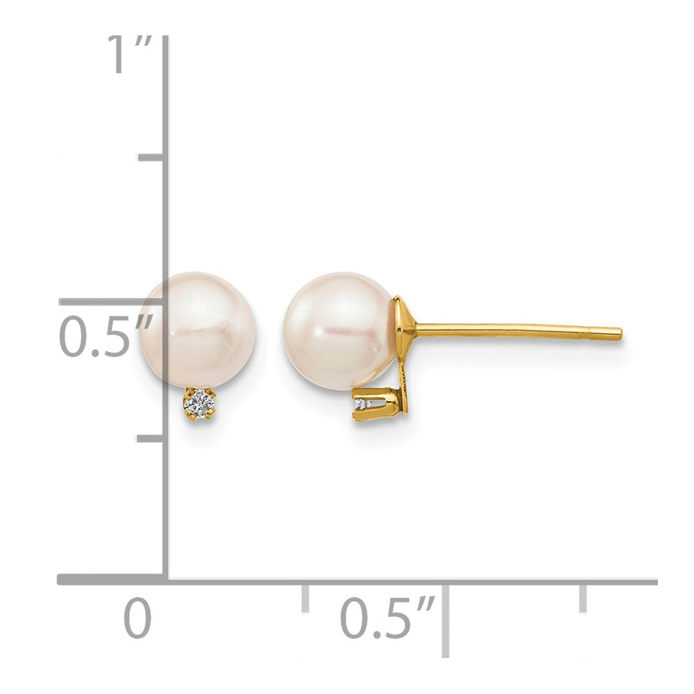 14k 5-6mm White Round Akoya Saltwater Cultured Pearl and .02 Carat Diamond Post Earrings