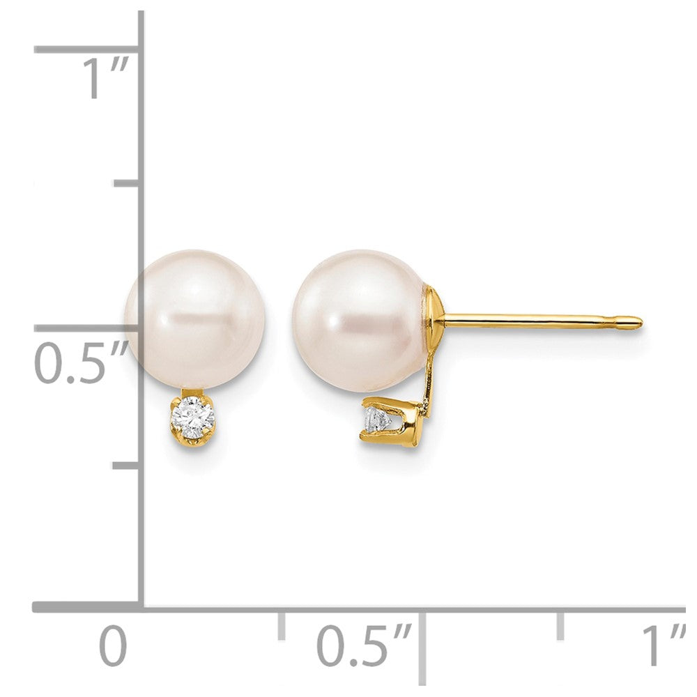 14k 6-7mm White Round Akoya Saltwater Cultured Pearl and 1/20 Carat Diamond Post Earrings