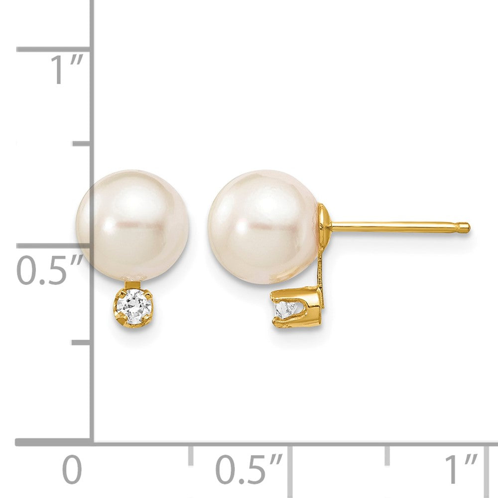 14k 7-8mm White Round Akoya Saltwater Cultured Pearl and 1/10 Carat Diamond Post Earrings