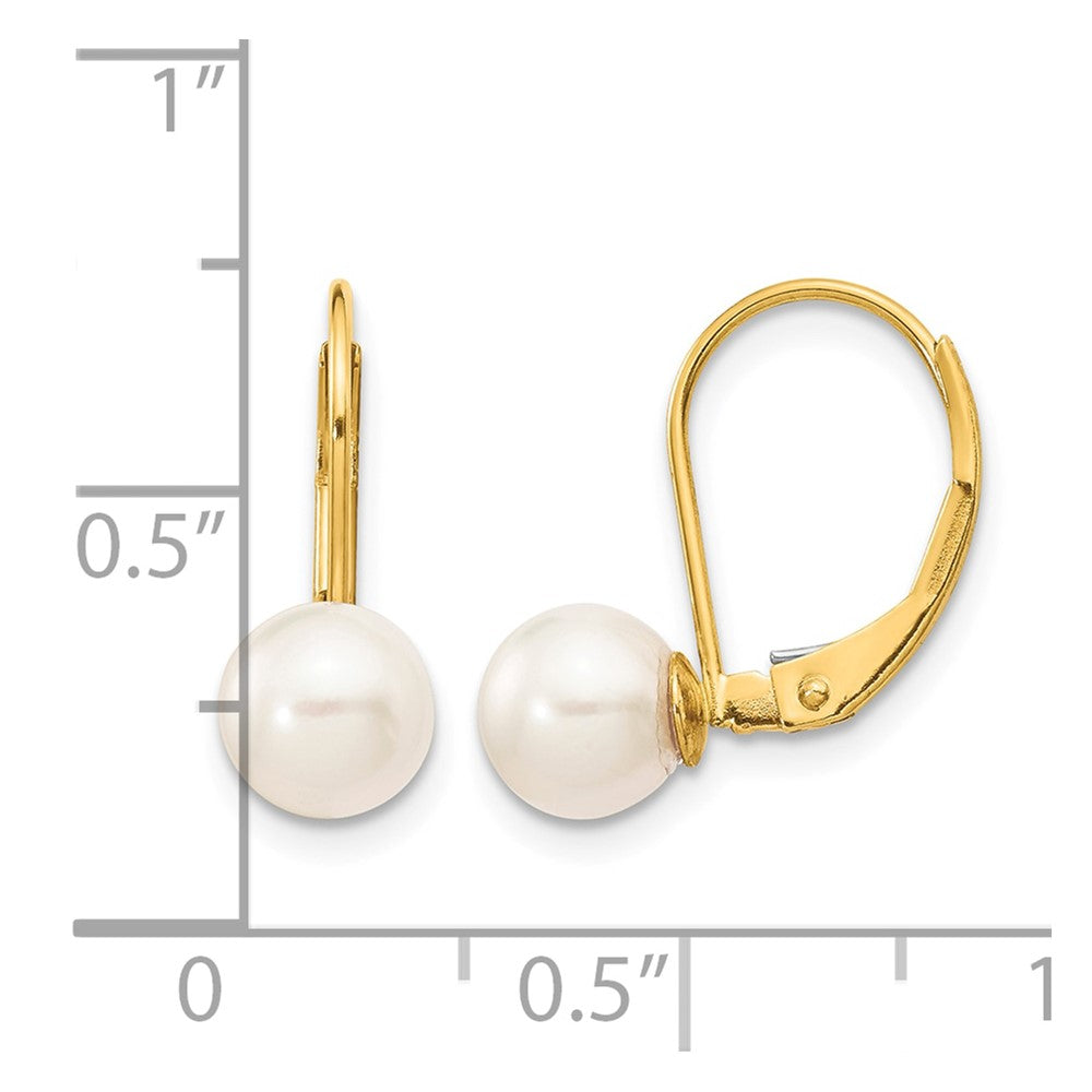 14k 6-7mm White Round Akoya Saltwater Cultured Pearl Leverback Earrings