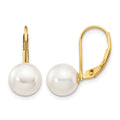 14k 8-9mm White Round Akoya Saltwater Cultured Pearl Leverback Earrings