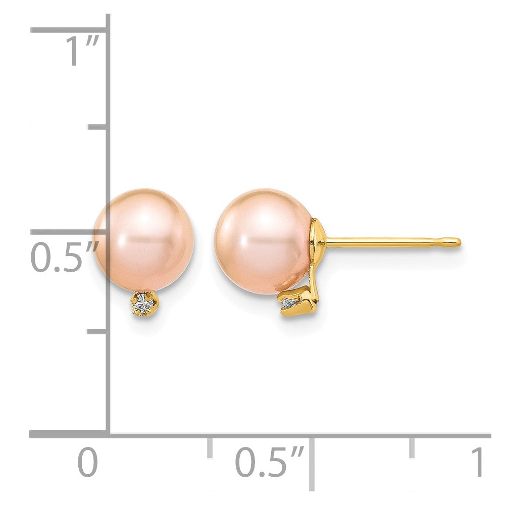 14k 5-6mm Pink Round Freshwater Cultured Pearl and .02 Carat Diamond Post Earrings