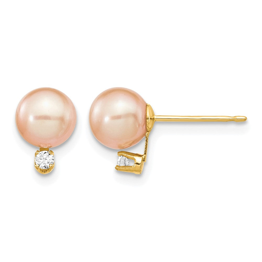 14k 6-7mm Pink Round Freshwater Cultured Pearl and .06 Carat Diamond Post Earrings