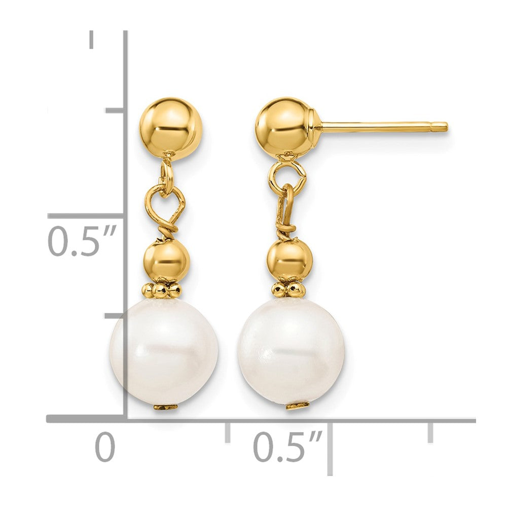 14K 7-8mm White Semi-round Freshwater Cultured Pearl Post Dangle Earrings