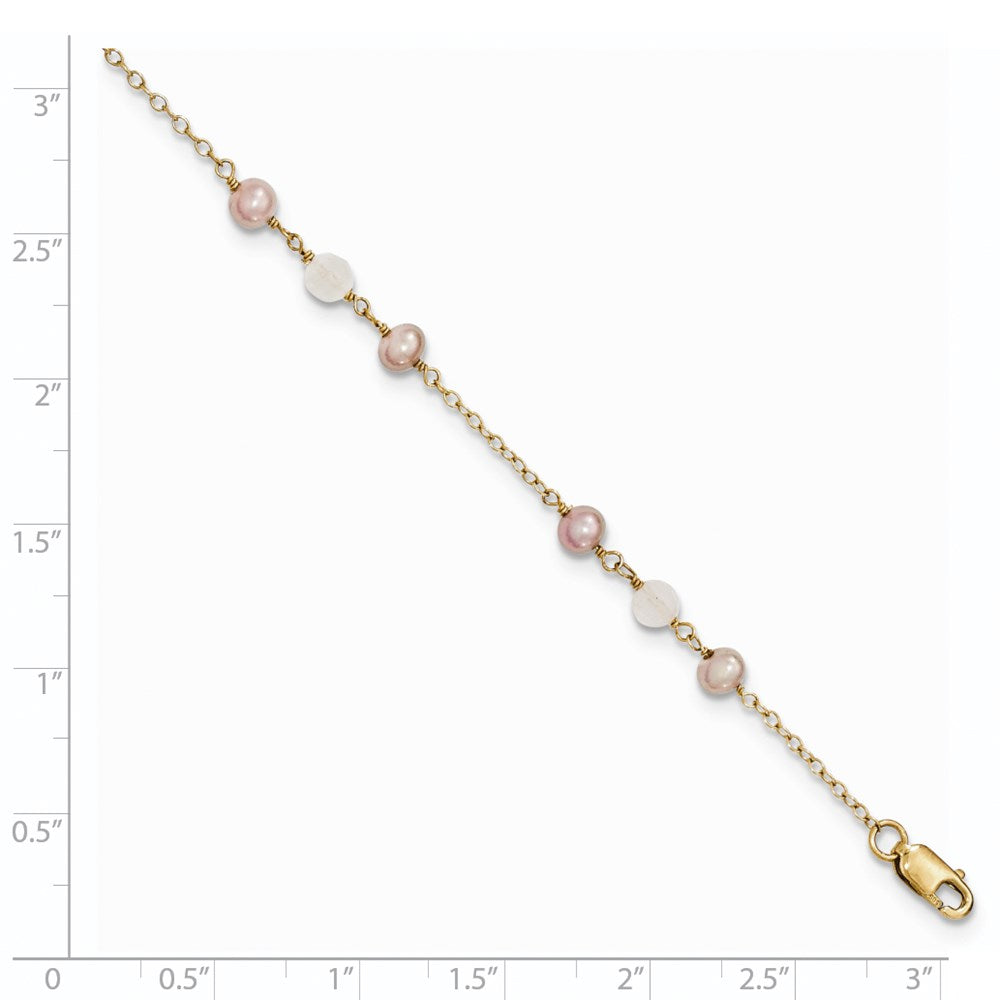 14k FW Cultured Pearl & Rose Quartz w/Cable Chain 1 IN EXT