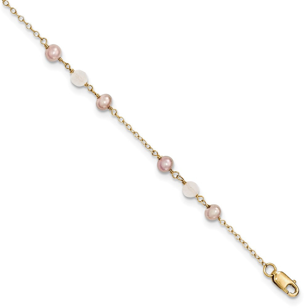 14k FW Cultured Pearl & Rose Quartz w/Cable Chain 1 IN EXT