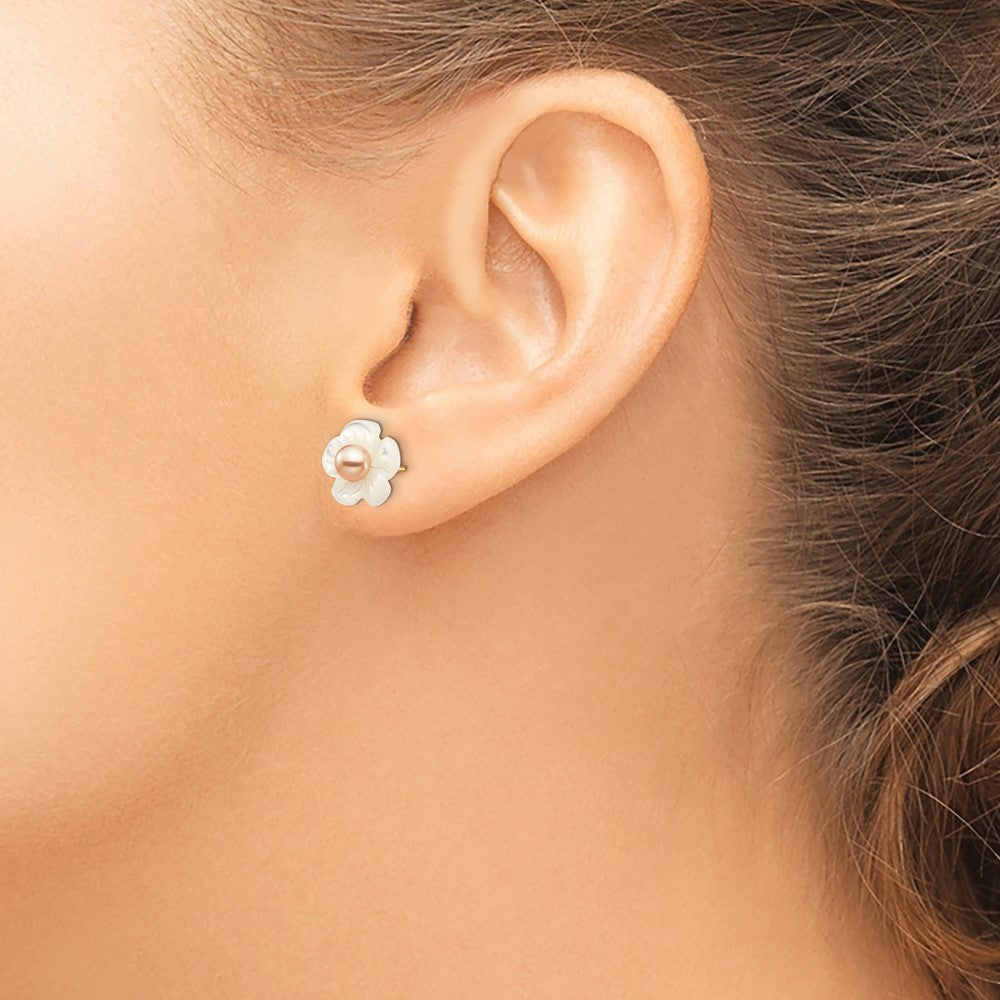 14k 3-4mm Pink Round Freshwater Cultured Pearl and 10mm White Mother of Pearl Flower Post Earrings