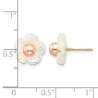 14k 3-4mm Pink Round Freshwater Cultured Pearl and 10mm White Mother of Pearl Flower Post Earrings