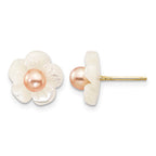 14k 3-4mm Pink Round Freshwater Cultured Pearl and 10mm White Mother of Pearl Flower Post Earrings