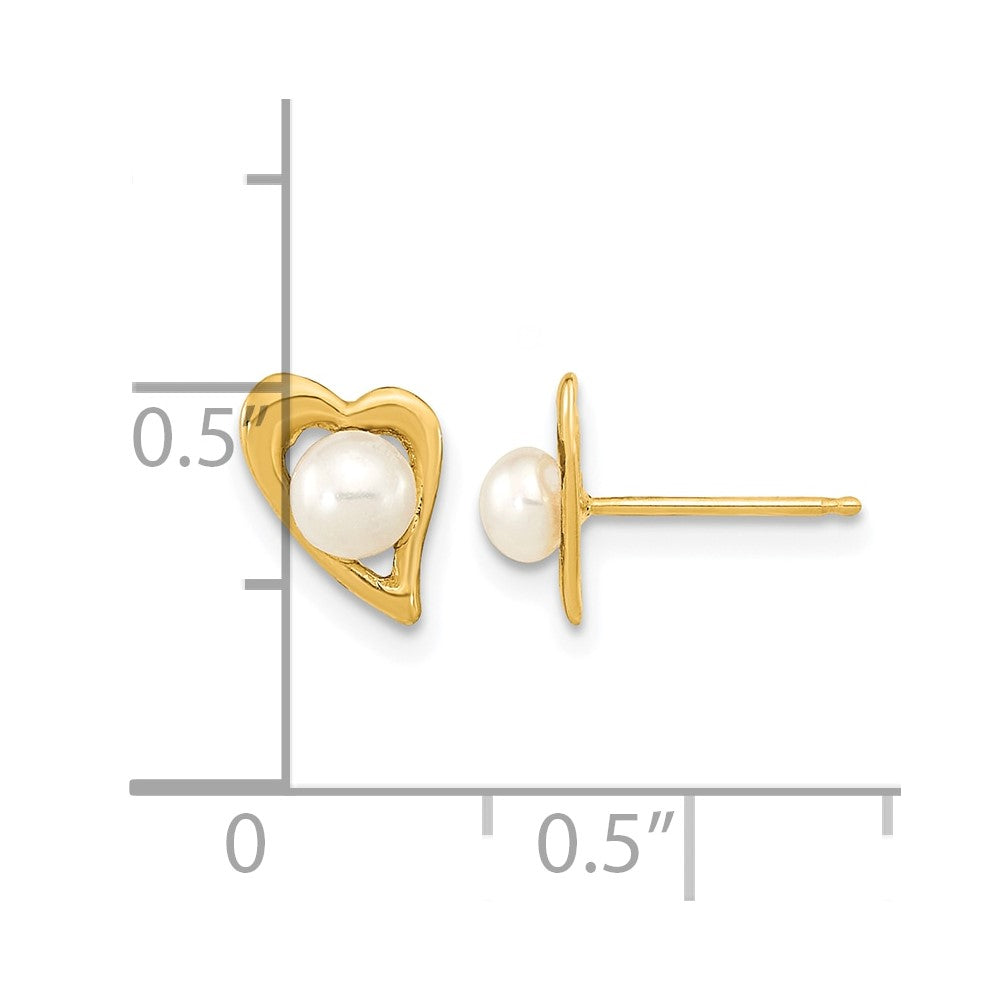 14k 3-4mm White Button Freshwater Cultured Pearl Heart Post Earrings