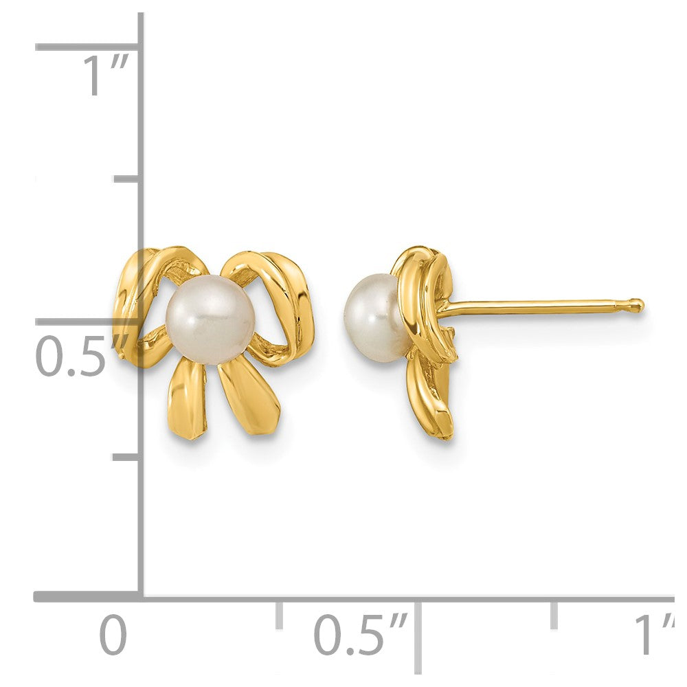 14k 3-4mm White Button Freshwater Cultured Pearl Bow Post Earrings