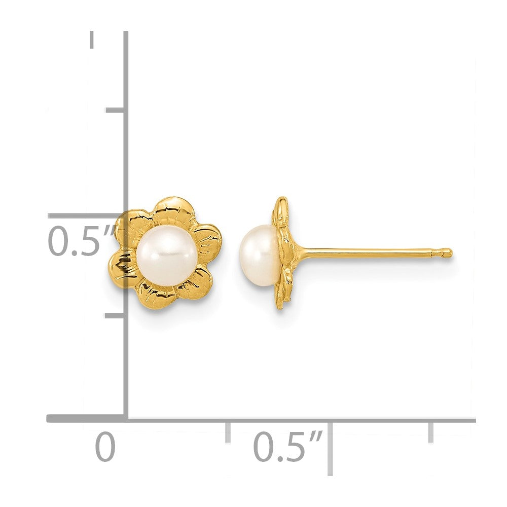14k 3-4mm White Button Freshwater Cultured Pearl Flower Post Earrings