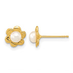 14k 3-4mm White Button Freshwater Cultured Pearl Flower Post Earrings