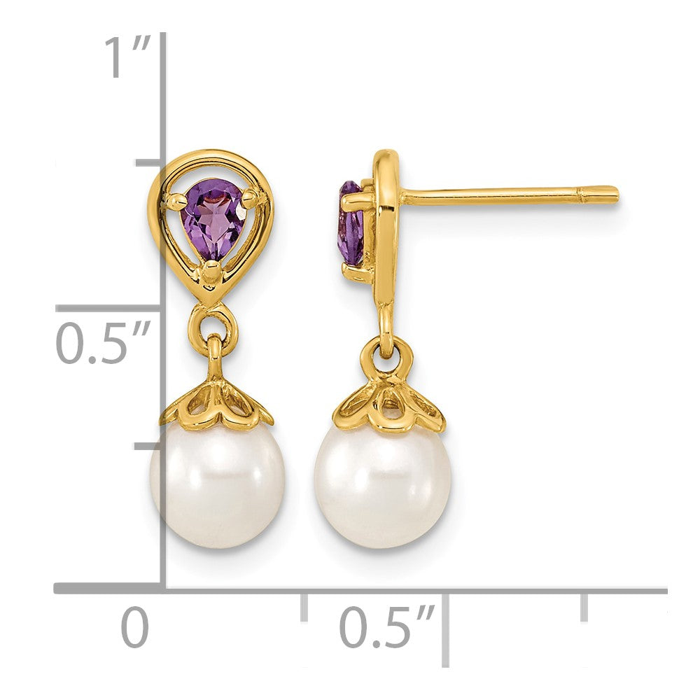 14K 6-7mm White Round Freshwater Cultured Pearl and 3.08AM Pear Amethyst Post Dangle Earrings