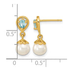 14K 6-7mm White Round Freshwater Cultured Pearl and 3.14BT Pear Light Swiss Blue Topaz Dangle Post Earrings