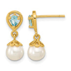 14K 6-7mm White Round Freshwater Cultured Pearl and 3.14BT Pear Light Swiss Blue Topaz Dangle Post Earrings