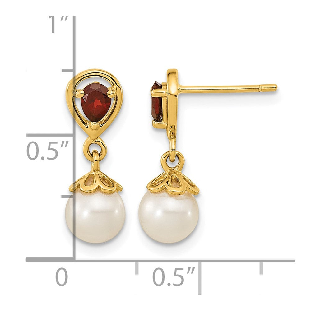 14K 6-7mm White Round Freshwater Cultured Pearl and 3.20GA Pear Mozambique Garnet Dangle Post Earrings