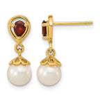 14K 6-7mm White Round Freshwater Cultured Pearl and 3.20GA Pear Mozambique Garnet Dangle Post Earrings