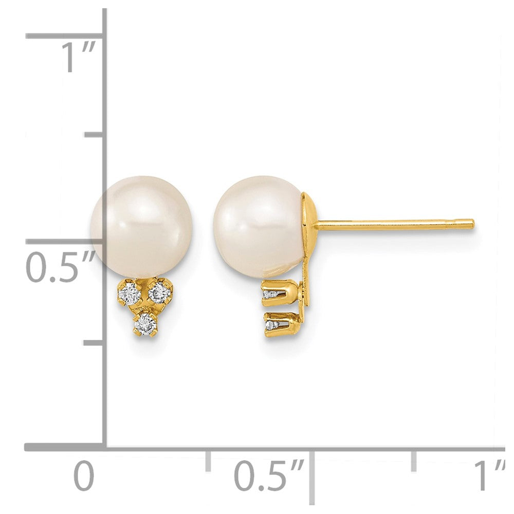 14k 6-7mm White Round Freshwater Cultured Pearl and .06 Carat Diamond Post Earrings