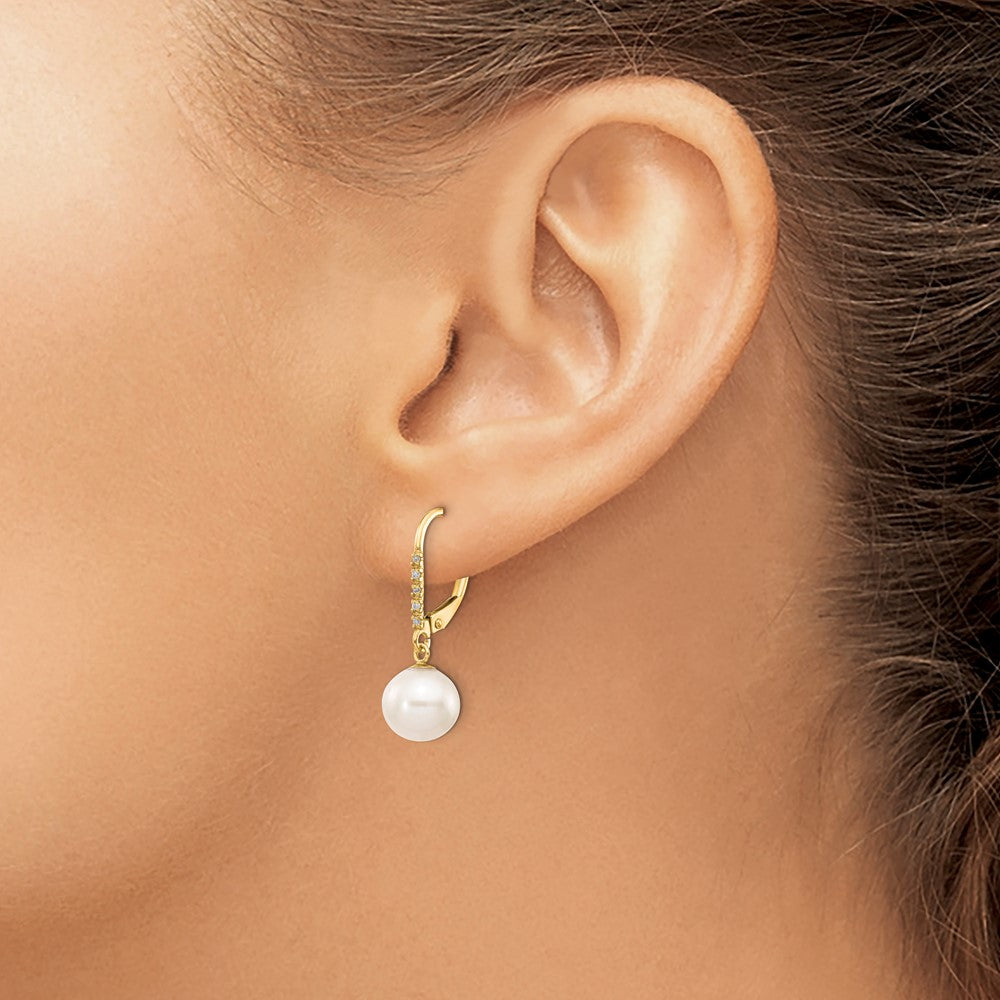 14k 8-9mm White Round Freshwater Cultured Pearl and .05 Carat Diamond Dangle Leverback Earrings