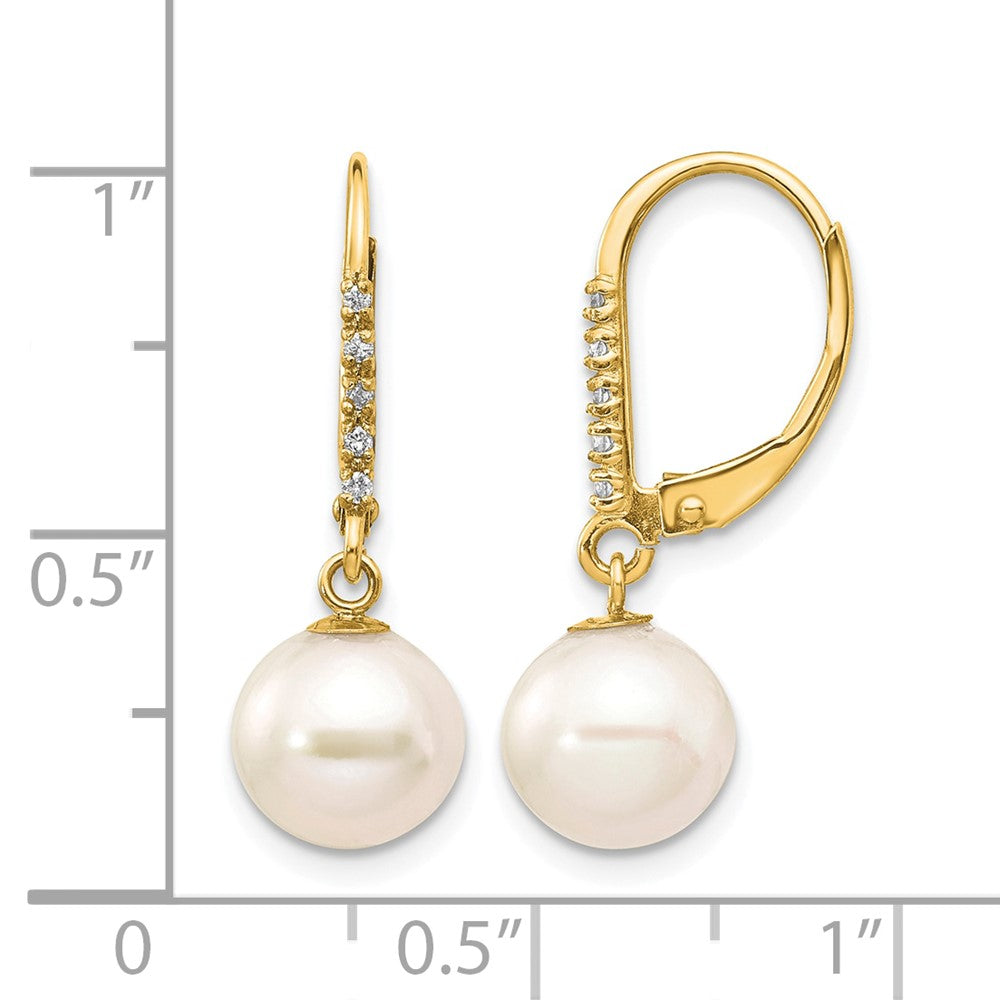 14k 8-9mm White Round Freshwater Cultured Pearl and .05 Carat Diamond Dangle Leverback Earrings