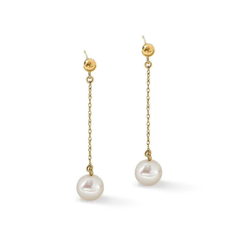 14k 7-8mm White Round Freshwater Cultured Pearl Chain Dangle Post Earrings