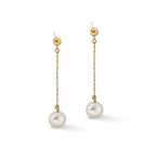 14k 7-8mm White Round Freshwater Cultured Pearl Chain Dangle Post Earrings