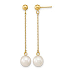 14k 7-8mm White Round Freshwater Cultured Pearl Chain Dangle Post Earrings