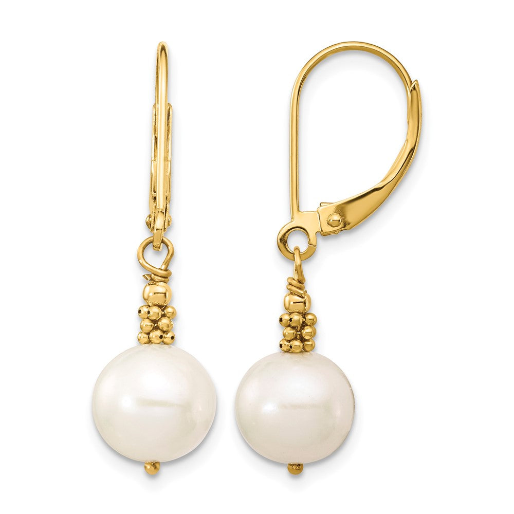 14k 8-9mm White Near-Round Freshwater Cultured Pearl Dangle Leverback Earrings