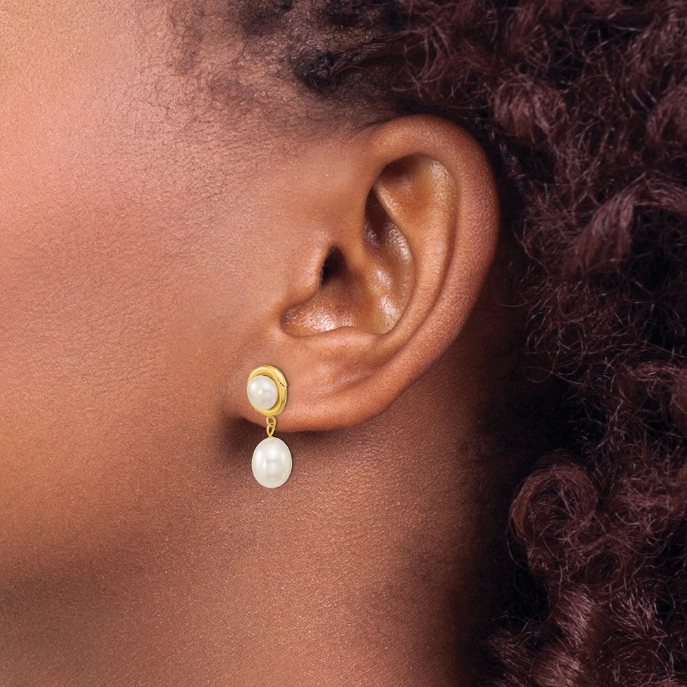 14k 5-7mm White Button and Rice Freshwater Cultured Pearl Post Dangle Earrings