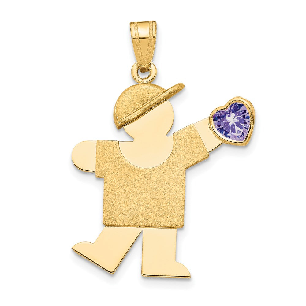 14k The Kids Boy with Light Purple CZ June Birthstone Engravable Kiss Charm