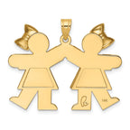 14k The Kids Solid Engravable Medium Double Girls with Bows Kiss Charm