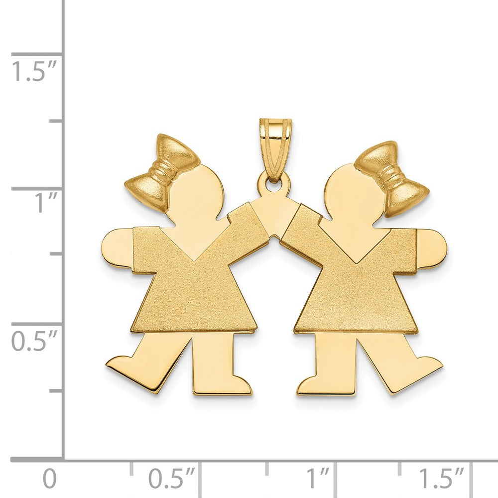14k The Kids Solid Engravable Medium Double Girls with Bows Kiss Charm