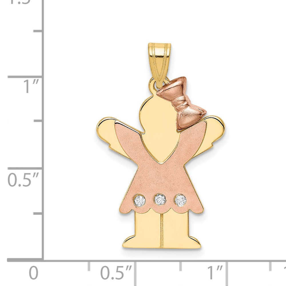 14k Two-tone The Kids Medium Girl with Ruffles and Bow on Right AA Diamond Love Pendant