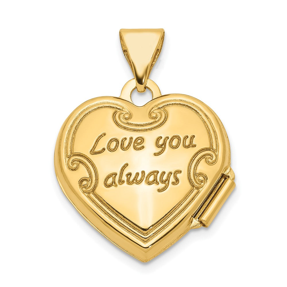 14k Polished Floral Reverses to LOVE YOU ALWAYS Script 15mm Heart Locket