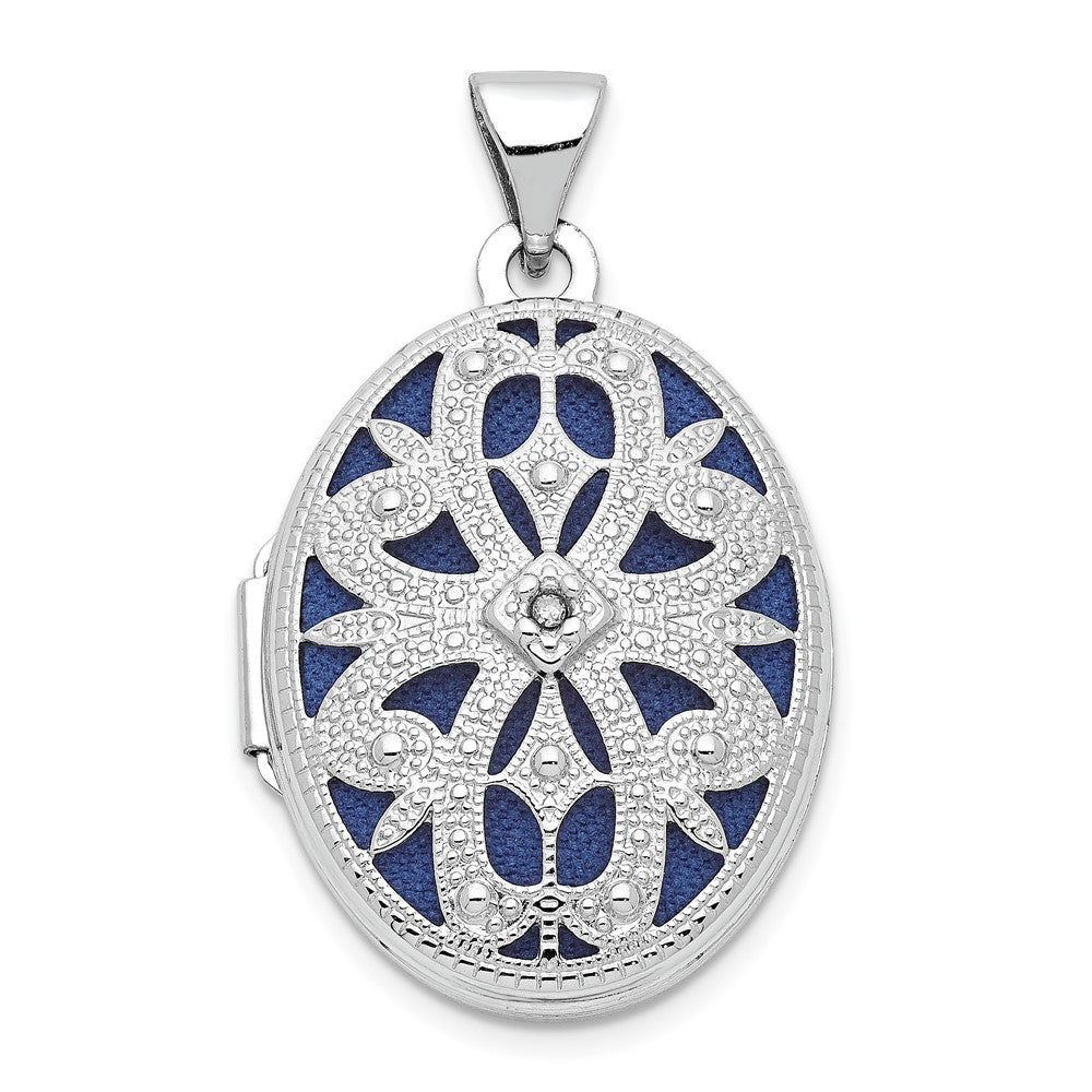 14K White Gold Diamond Vintage Filigree with Blue Fabric Interior 21mm Oval Locket