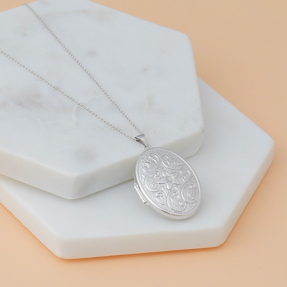 14k White Gold Reversible Floral Swirl Design 32mm Oval Locket