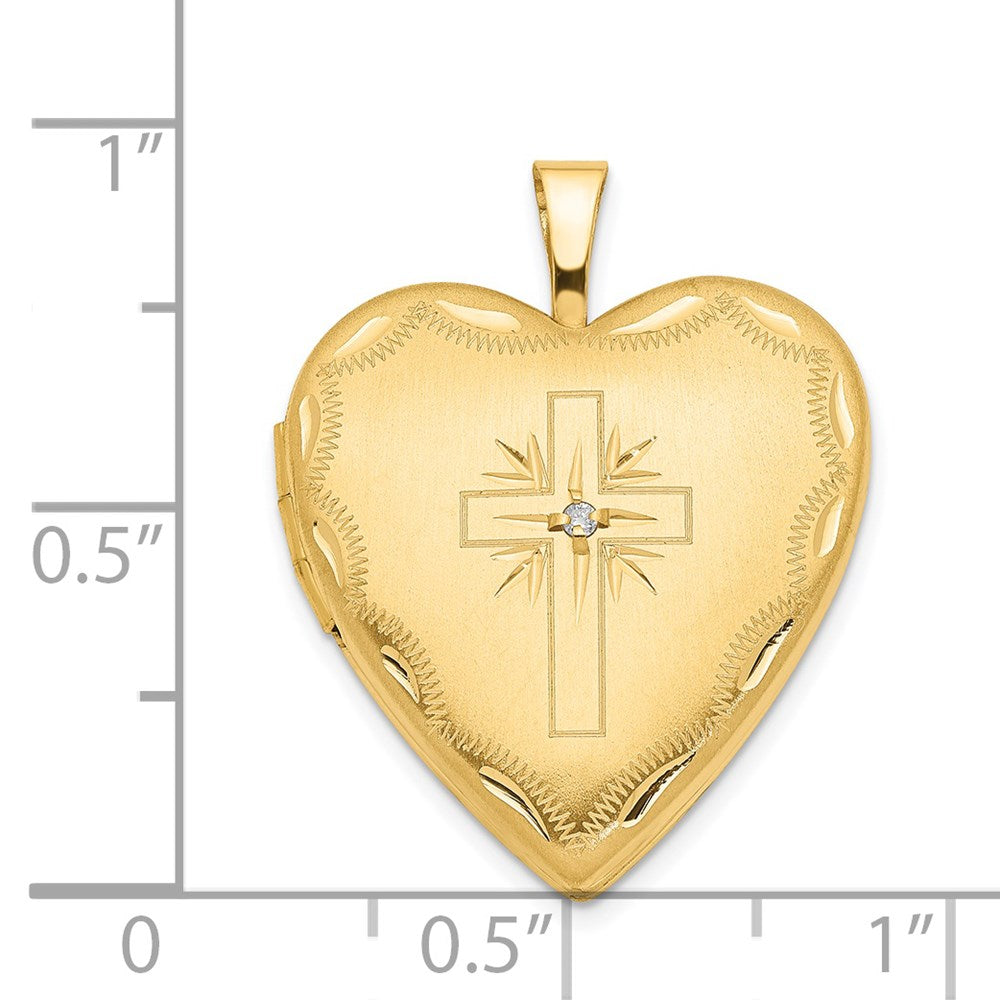 14k Diamond Satin and Diamond-cut Cross 20mm Heart Locket
