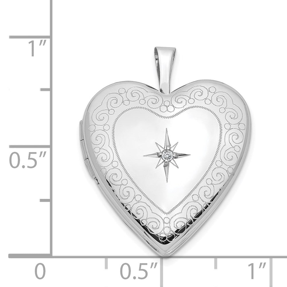 14K White Gold Diamond Star with Side Swirl Edge 20mm Heart Locket