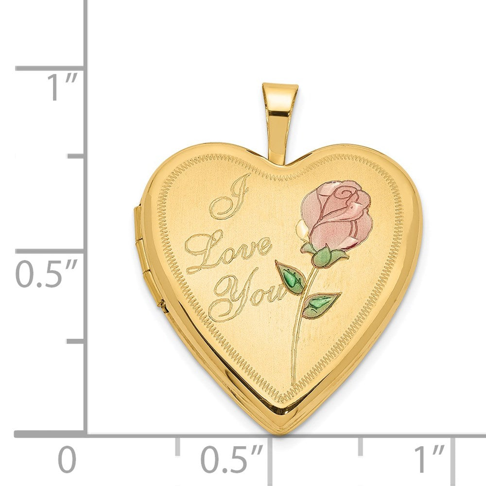 14K Pink and Green Enamel Rose I LOVE YOU Script 20mm Heart Locket