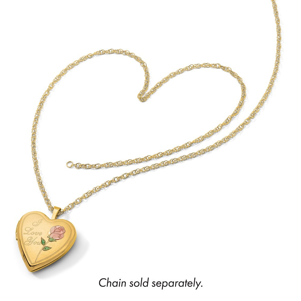14K Pink and Green Enamel Rose I LOVE YOU Script 20mm Heart Locket