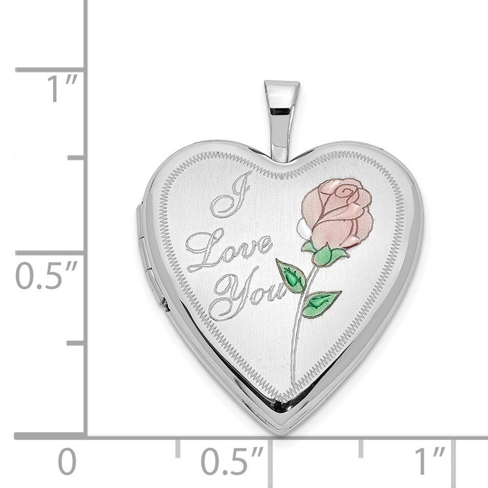 14K White Gold Pink and Green Enamel Rose I LOVE YOU Script 20mm Heart Locket