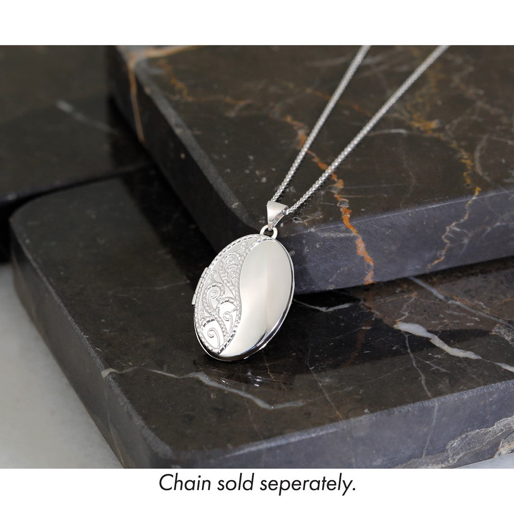 14k White Gold Fancy Half Swirl Design 26mm Oval Locket