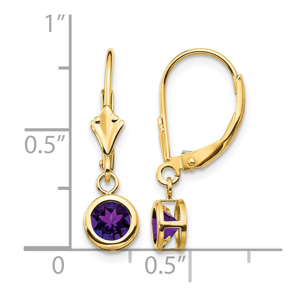 14k 5mm Round Amethyst Bezel Leverback Dangle Earrings