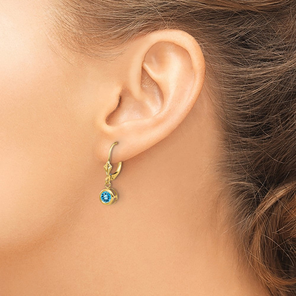 14k 5mm Round Blue Topaz Bezel Leverback Dangle Earrings