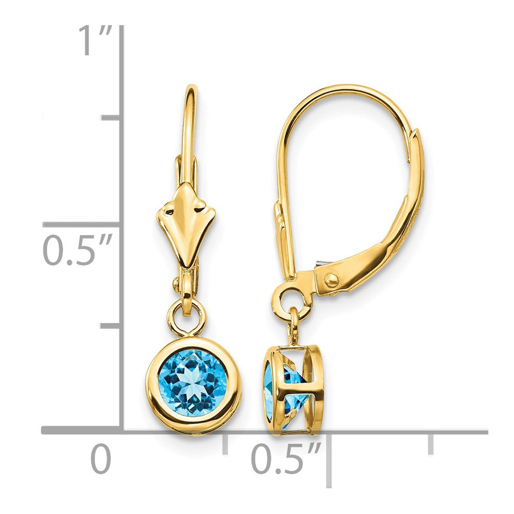 14k 5mm Round Blue Topaz Bezel Leverback Dangle Earrings