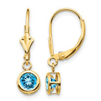 14k 5mm Round Blue Topaz Bezel Leverback Dangle Earrings