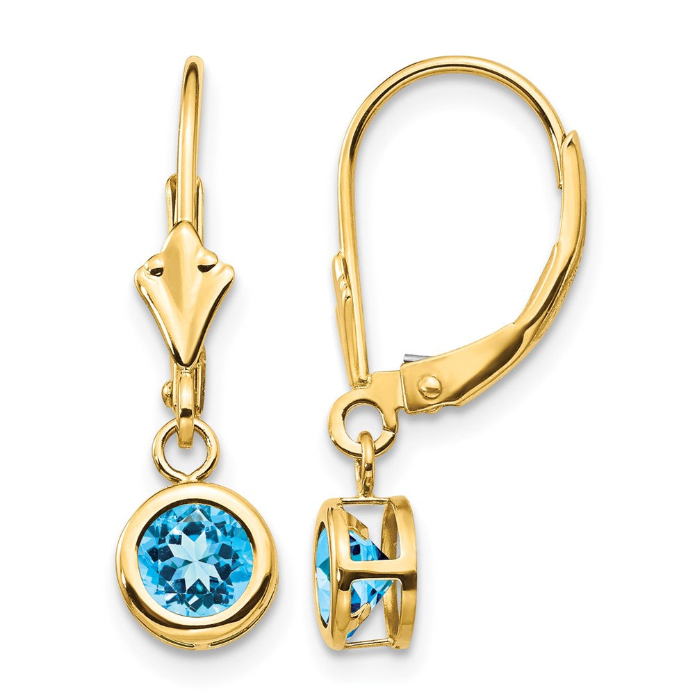 14k 5mm Round Blue Topaz Bezel Leverback Dangle Earrings